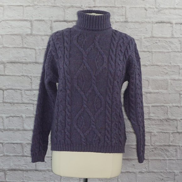 Vintage 80s Pure New Wool Scotland Cable Knit Chunky Turtleneck Sweater - Picture 1 of 5
